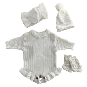 White – Ruffle Hem + 4-Piece Set knit baby romper