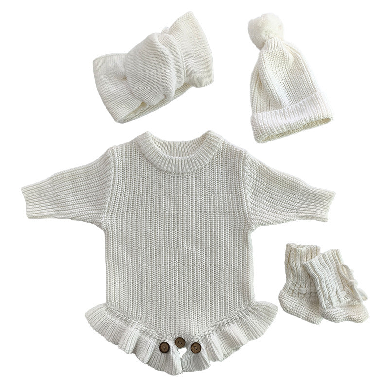 White – Ruffle Hem + 4-Piece Set knit baby romper