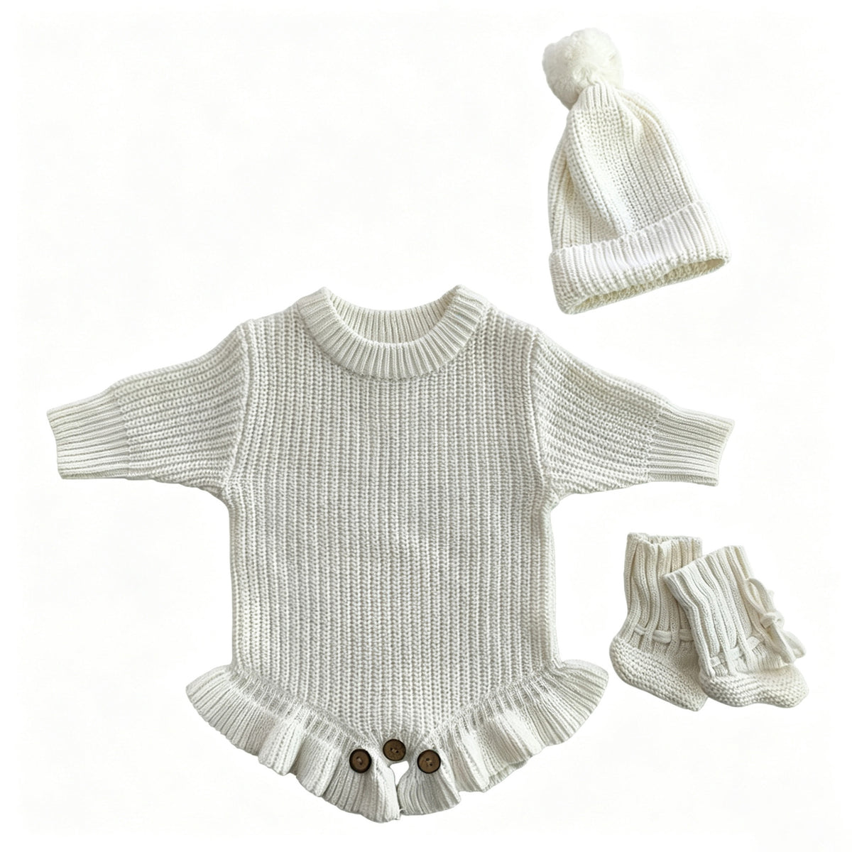 White – Ruffle Hem + Hat + Booties knit baby romper