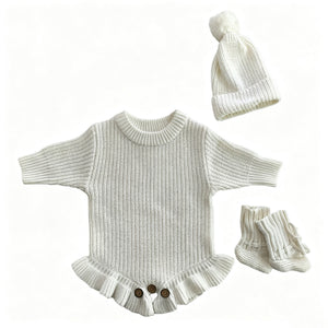 White – Ruffle Hem + Hat + Booties knit baby romper