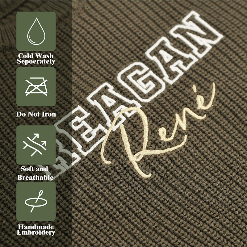 Close-up of embroidered lettering with care symbols: cold wash separately, do not iron