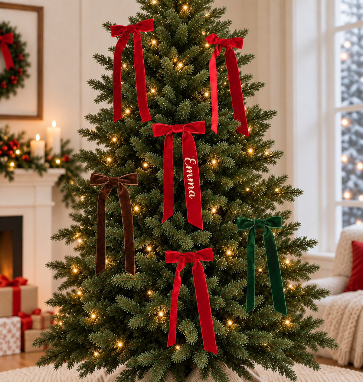 Custom Printed Velvet Christmas Bow | Personalized Name Holiday Bow for Tree, Wreath & Gifts