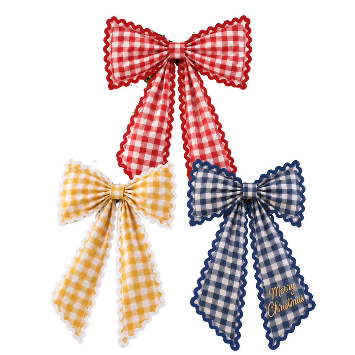 Custom Embroidered Gingham Christmas Tree Topper Bow with Scalloped Trim | Merry Christmas Holiday Decor