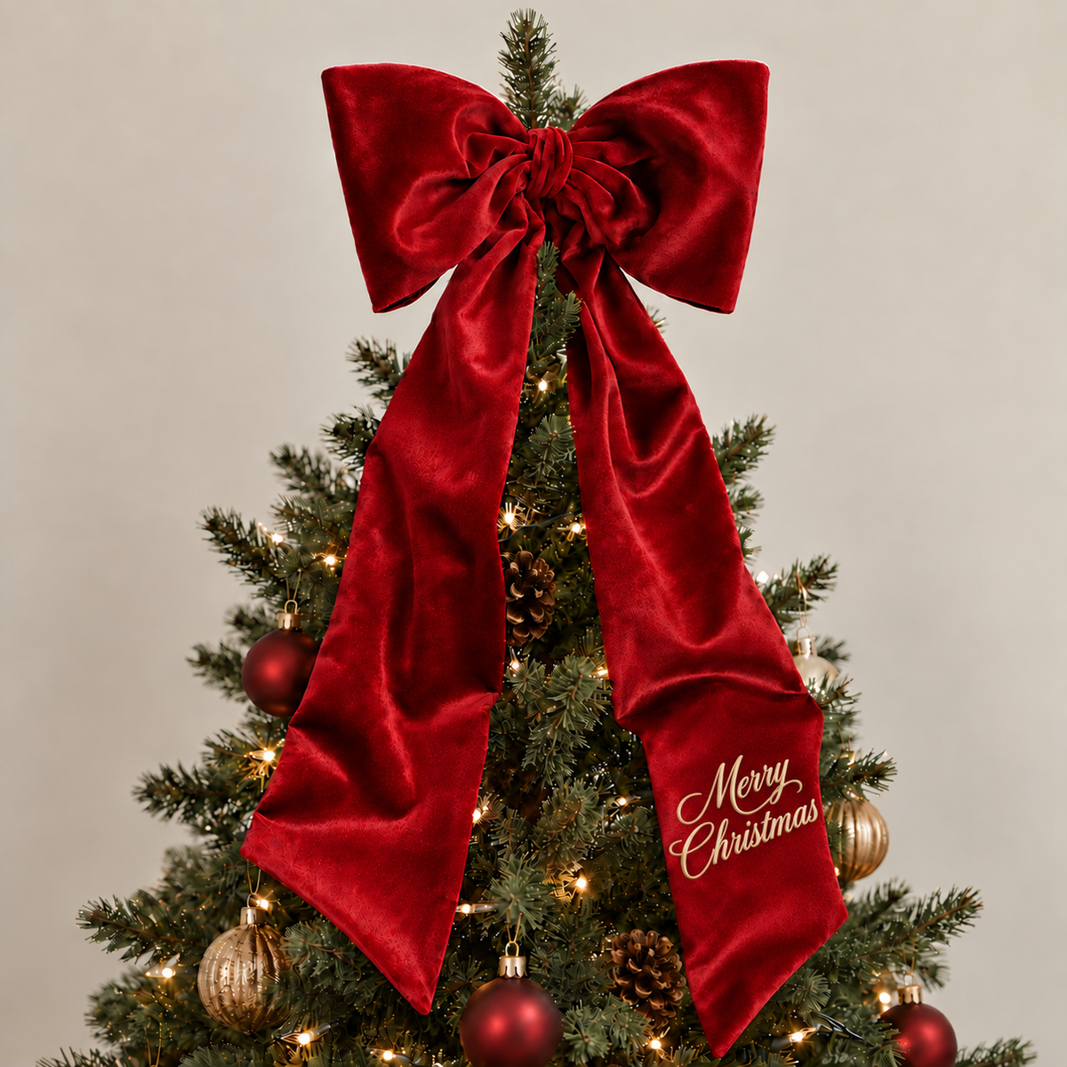 Custom Embroidered Velvet Christmas Tree Topper Bow | Personalized Merry Christmas or Initial Bow