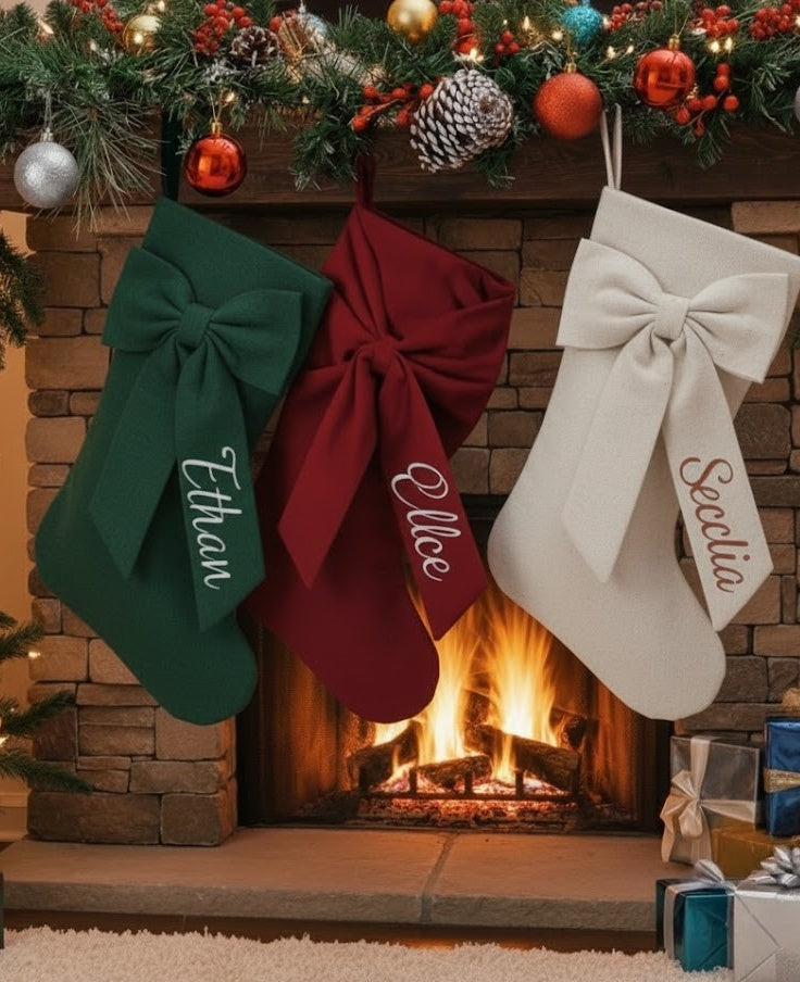 Personalized Christmas Stocking with Oversized Bow | Embroidered Name on Bow Tail