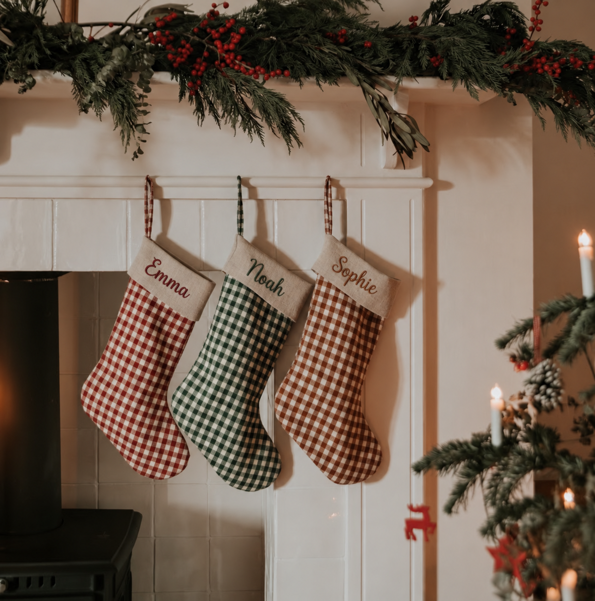 Personalized Gingham Christmas Stocking | Embroidered Name on Natural Cream Cuff