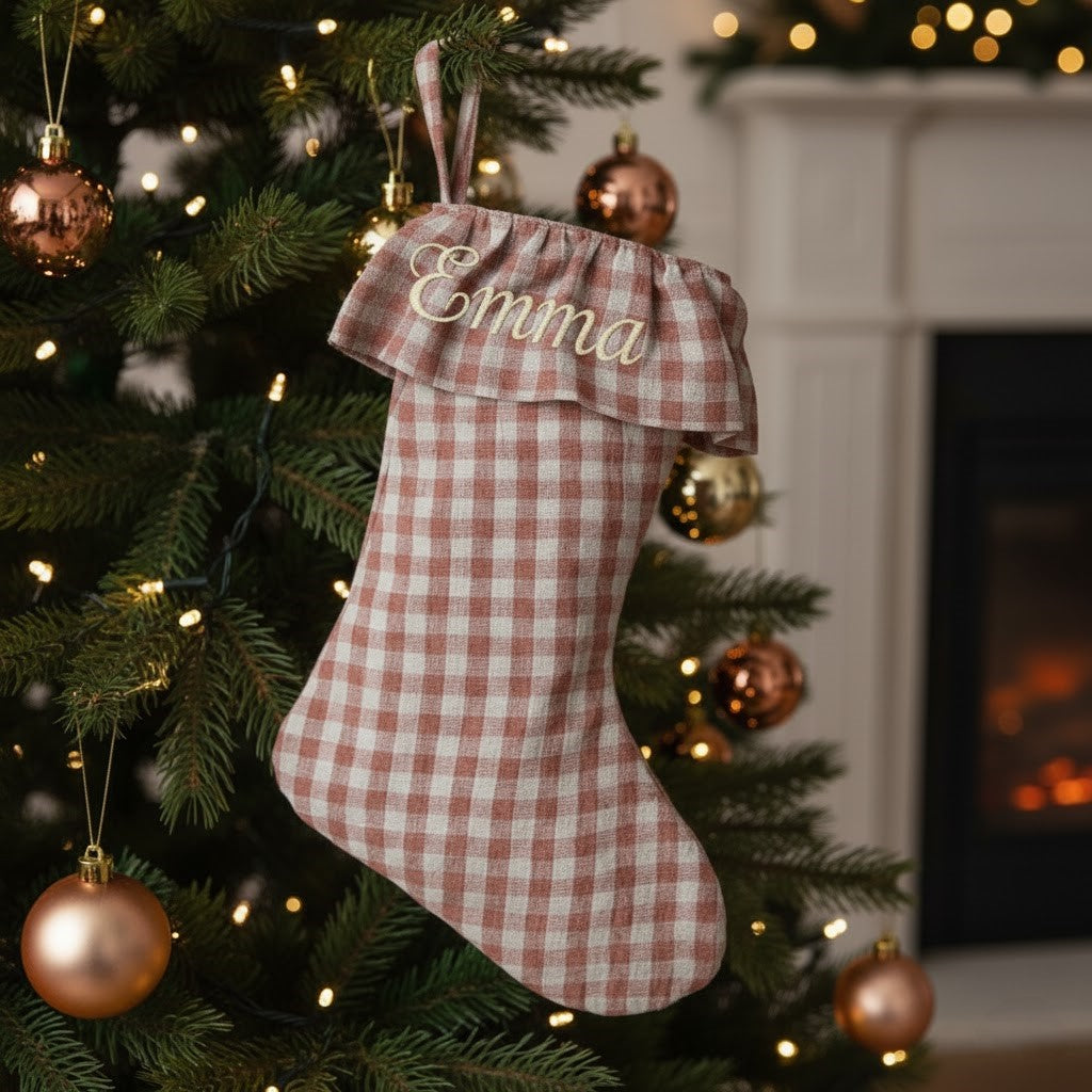 Personalized Gingham Christmas Stocking | Embroidered Name on Gathered Ruffle Top