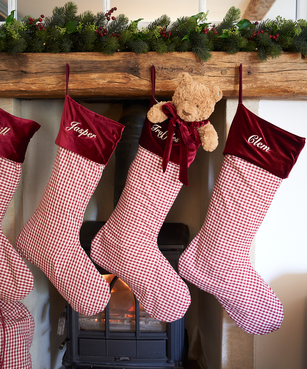 Classic Gingham Christmas Stocking | Personalized Embroidered Name on Velvet Cuff