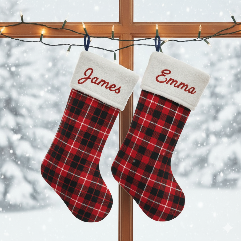 Personalized Red Tartan Christmas Stocking | Embroidered Name on White Plush Cuff