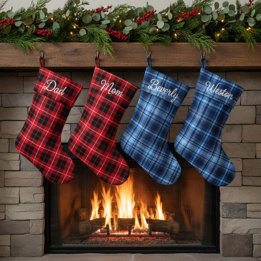 Personalized Tartan Christmas Stocking | Embroidered Name on Tartan Fold-Over Cuff