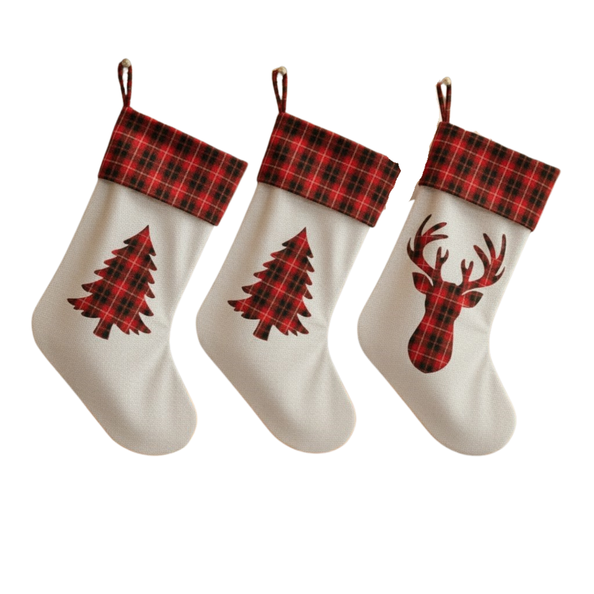 Christmas Stocking with Tartan Tree or Reindeer Design | Tartan Cuff Holiday Stocking