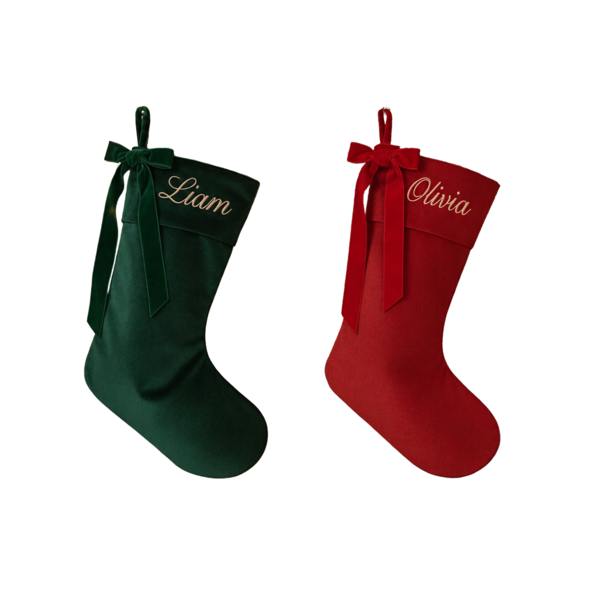 Personalized Christmas Stocking with Velvet Bow | Embroidered Gold Script Name on Cuff