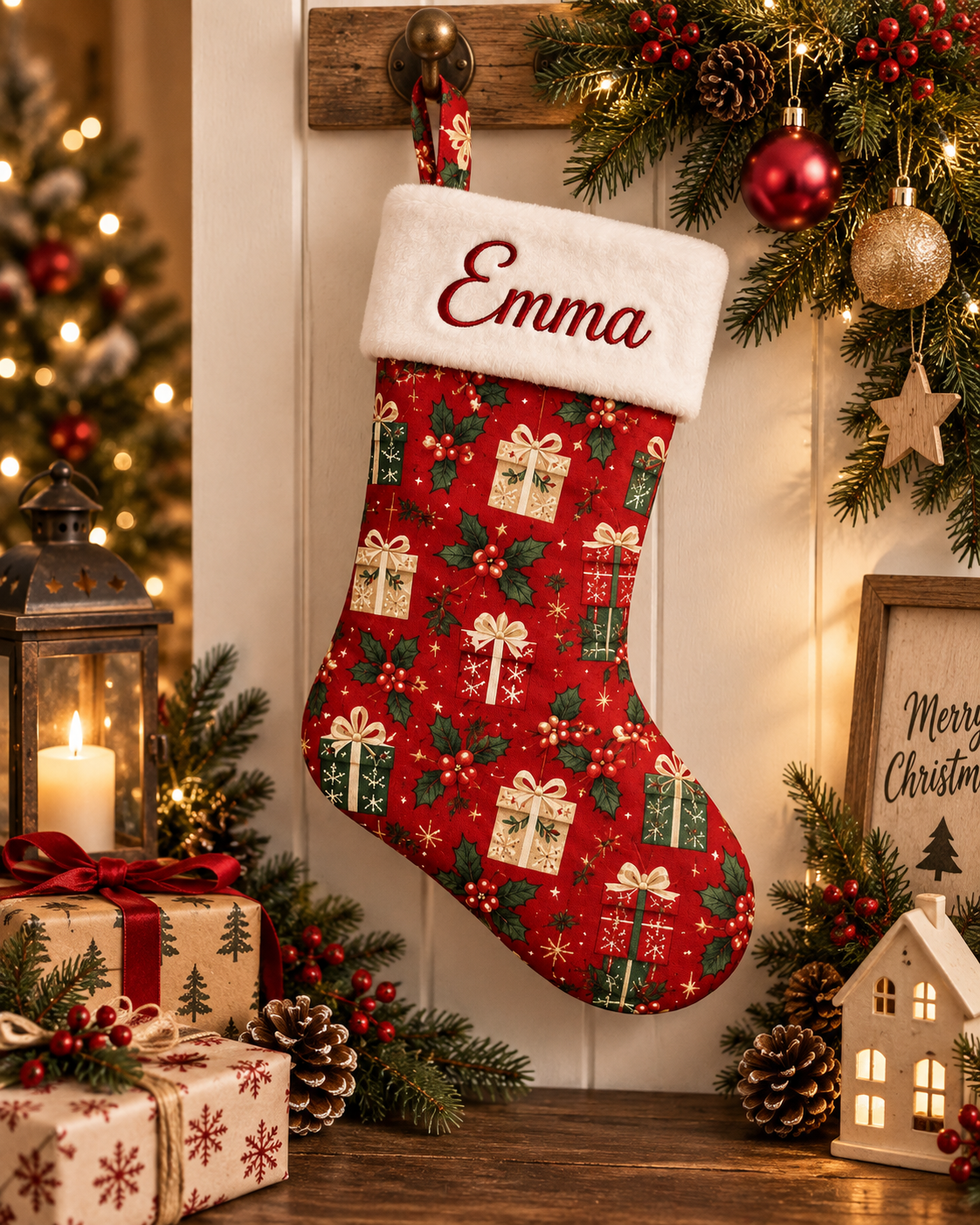 Personalized Christmas Stocking | Embroidered Name on Plush Cuff with Printed Red Gift Box Pattern