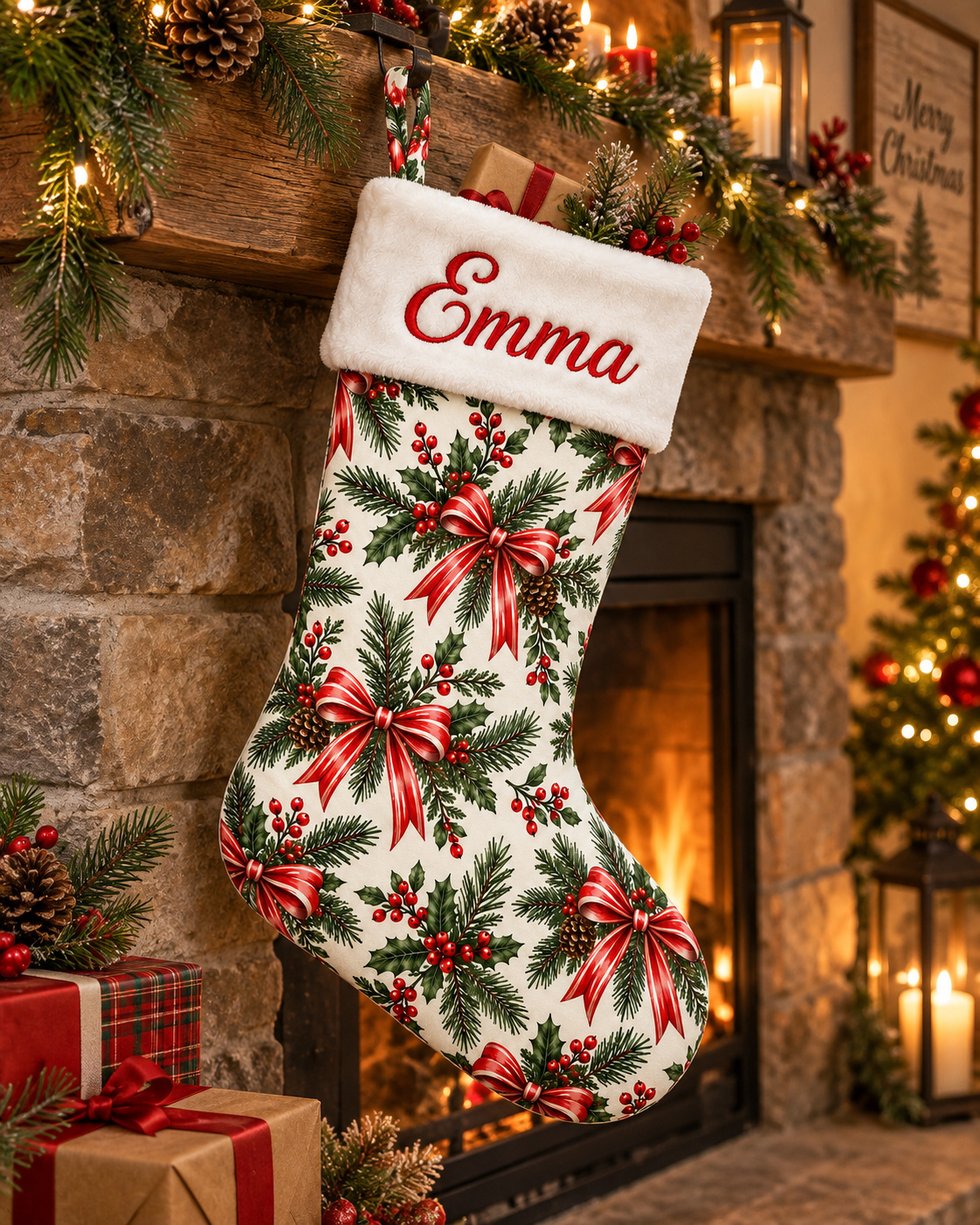 Personalized Christmas Stocking | Embroidered Name on Plush Cuff with Printed Holly & Red Bow Pattern
