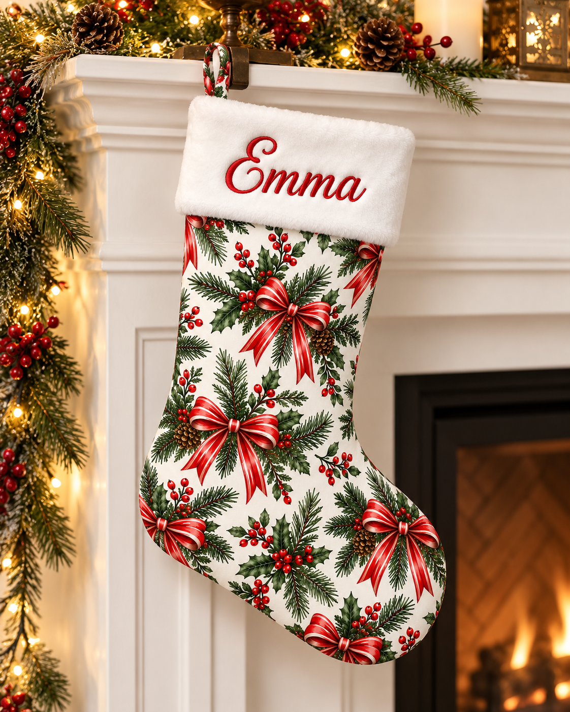 Personalized Christmas Stocking | Embroidered Name on Plush Cuff with Printed Holly & Red Bow Pattern