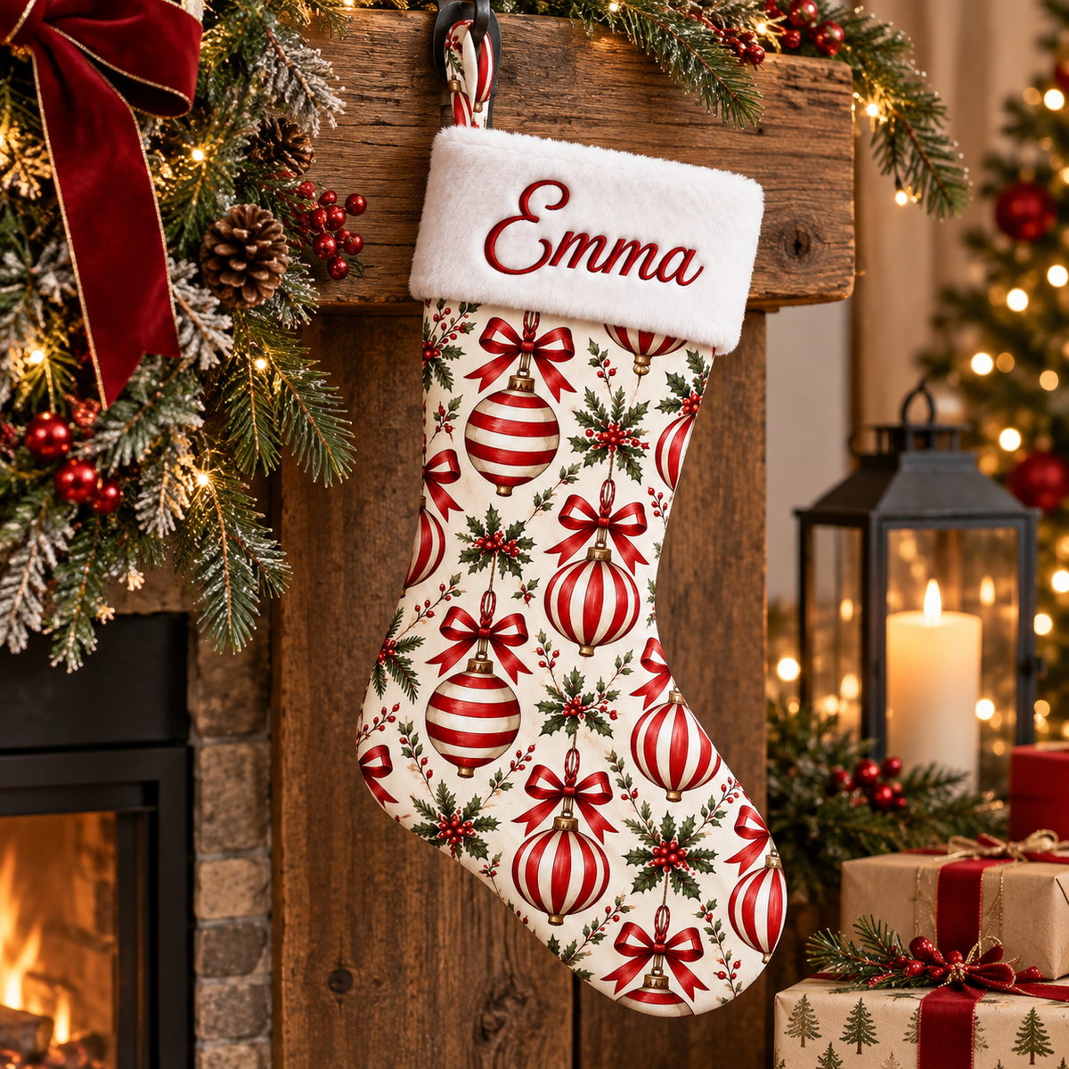 Personalized Christmas Stocking | Embroidered Name on Plush Cuff with Printed Striped Bauble Pattern