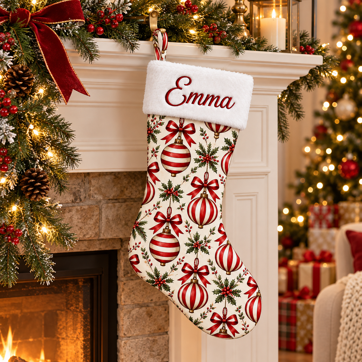 Personalized Christmas Stocking | Embroidered Name on Plush Cuff with Printed Striped Bauble Pattern