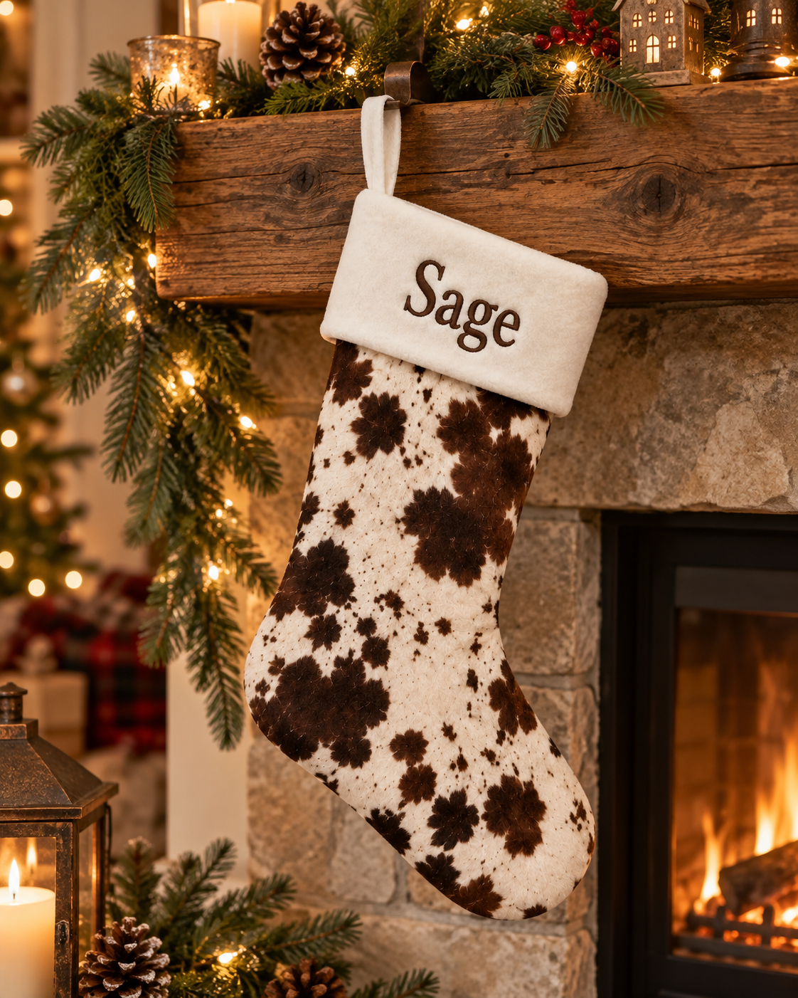 Personalized Christmas Stocking | Cowhide Print Velvet with Embroidered Name Cuff