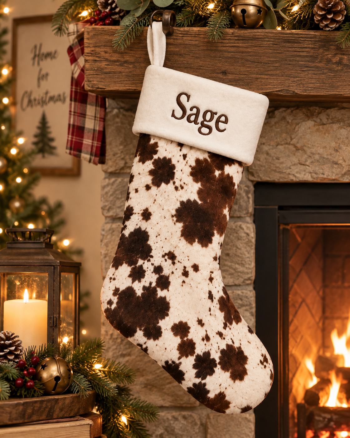 Personalized Christmas Stocking | Cowhide Print Velvet with Embroidered Name Cuff
