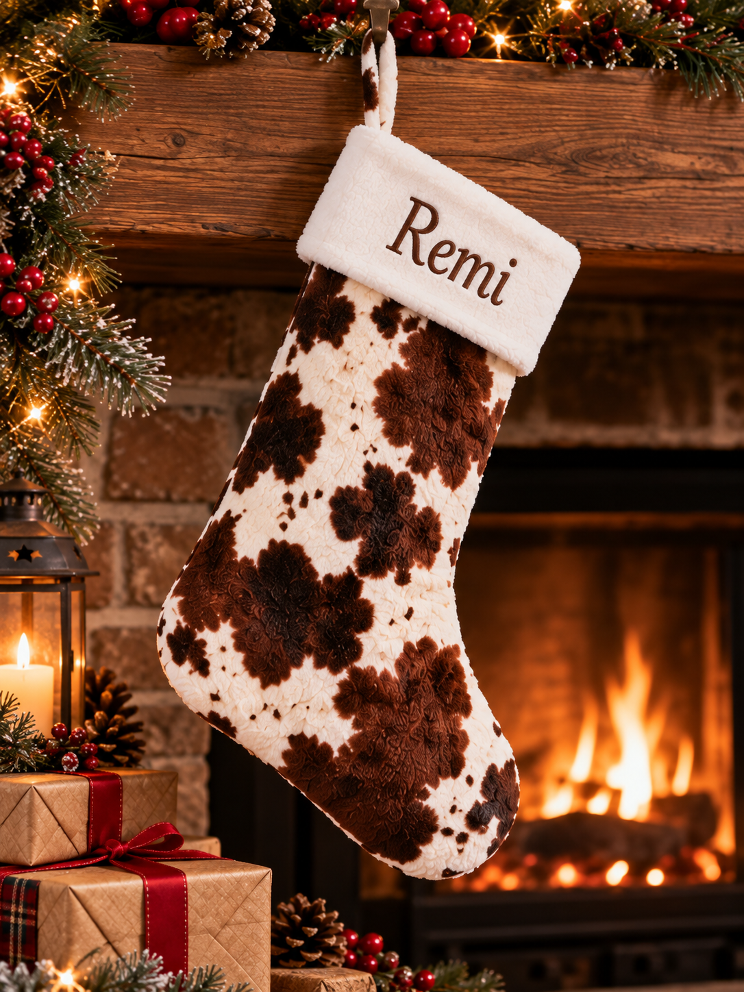 Western Cowhide Print Christmas Stocking | Personalized Embroidered Name on Plush Cuff