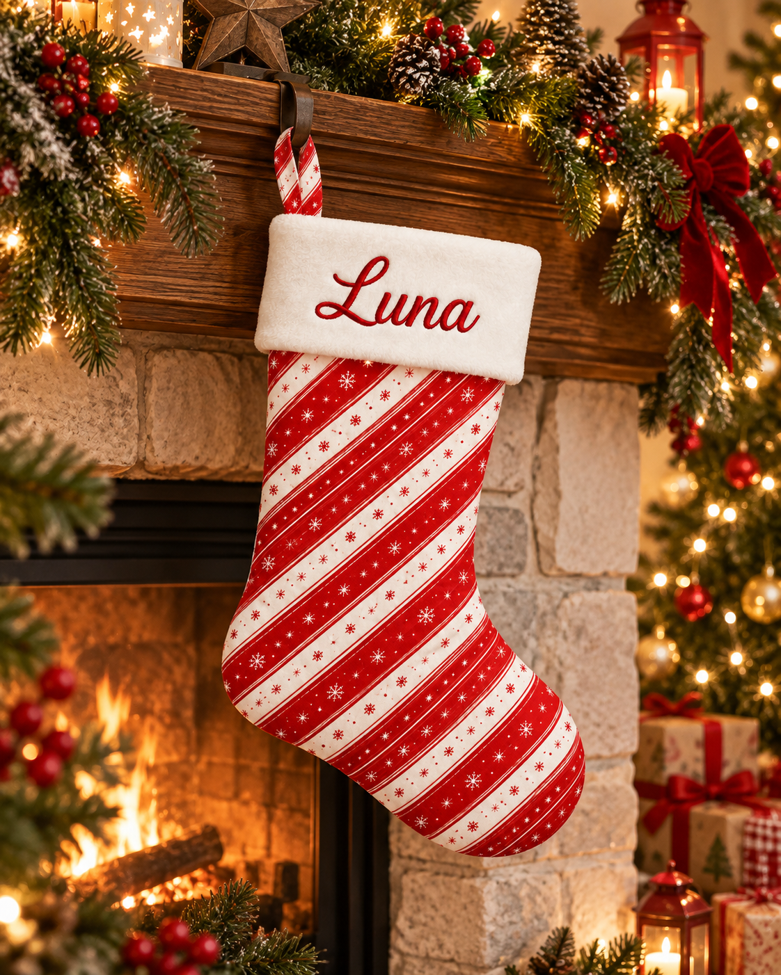 Personalized Christmas Stocking | Embroidered Name on Plush Cuff with Printed Candy Stripe Pattern