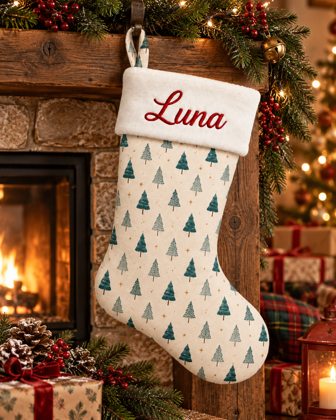 Personalized Christmas Stocking | Embroidered Name on Plush Cuff with Printed Christmas Tree Pattern