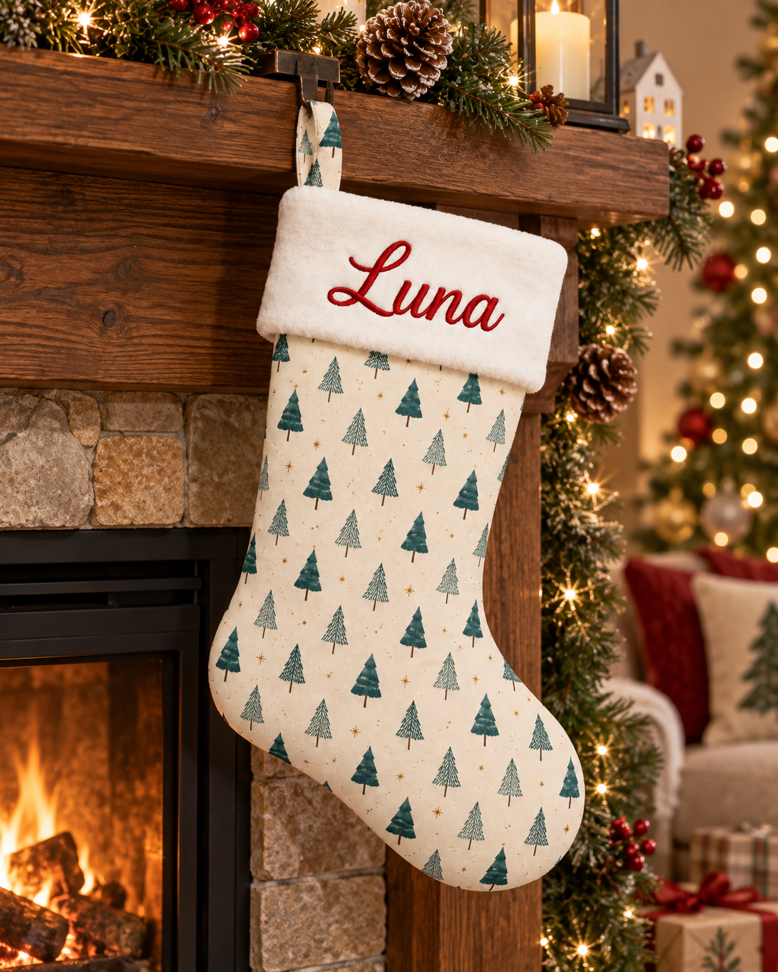 Personalized Christmas Stocking | Embroidered Name on Plush Cuff with Printed Christmas Tree Pattern
