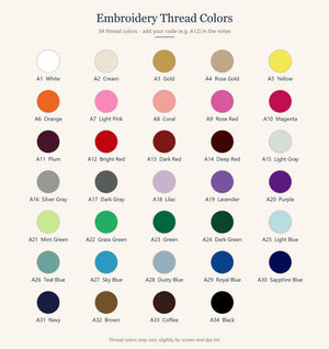 Embroidery thread color chart with codes A1 to A34