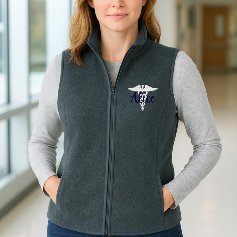Custom Embroidered Fleece Vest – Personalized Text & Logo Vest - detail view, custom embroidered by Intriklo