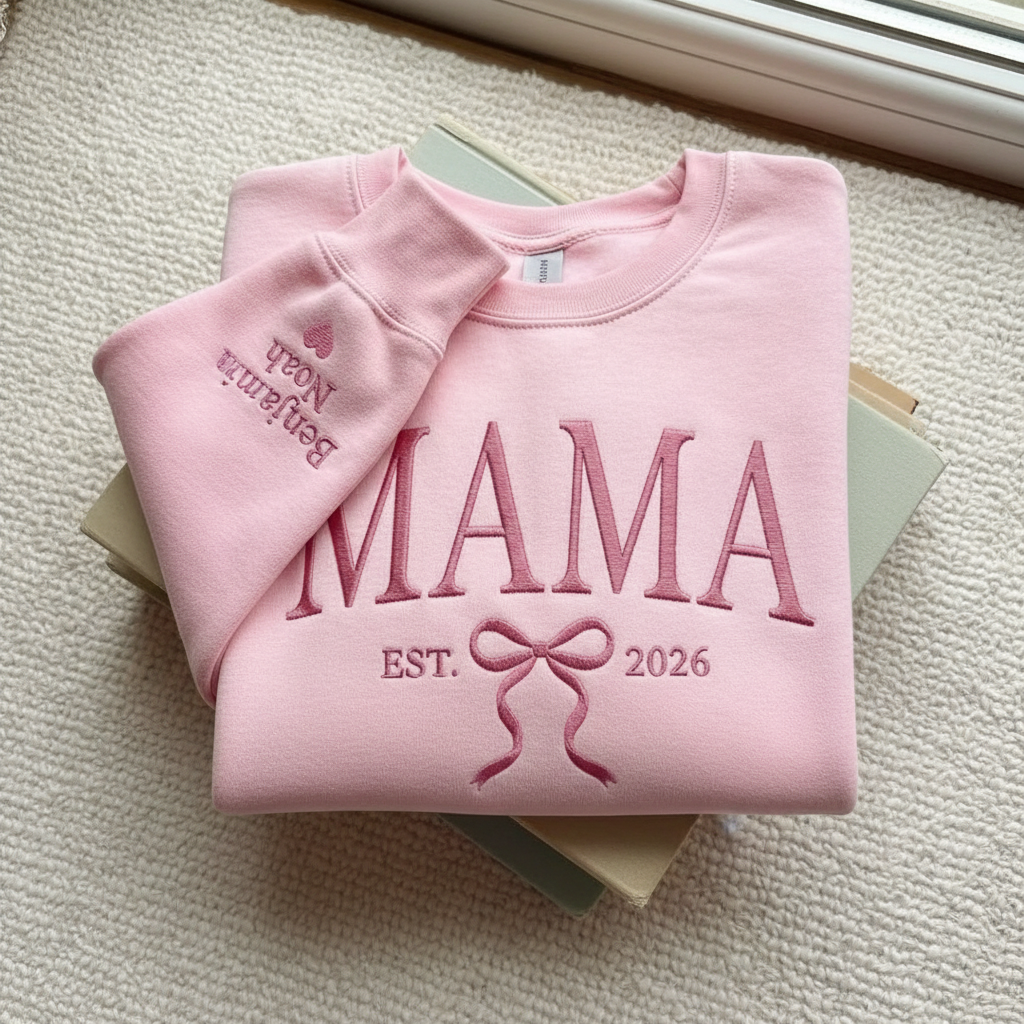 Personalized Mama Est. Year Embroidered Sweatshirt with Coquette Bow & Kids Names | Mother's Day Gift
