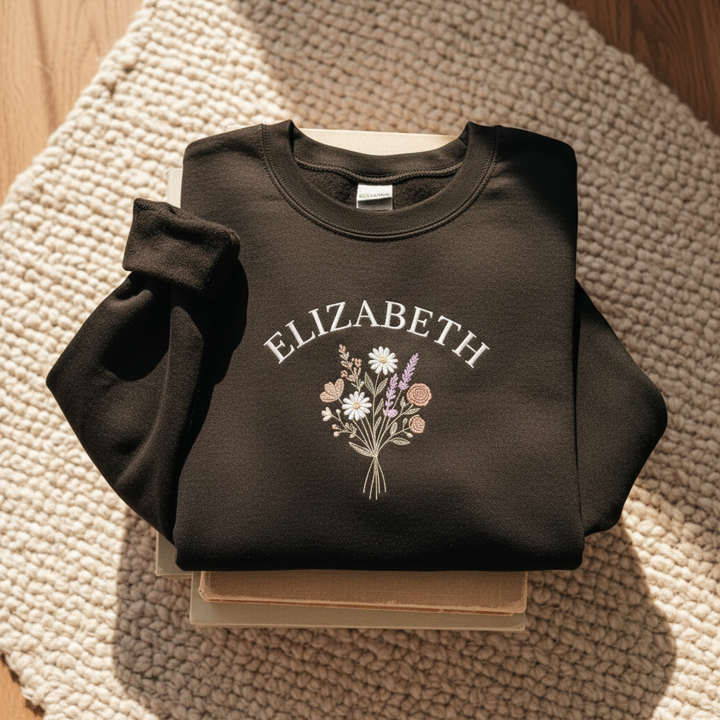 Personalized Mama Name Wildflower Bouquet Embroidered Sweatshirt | Custom Mom Gift