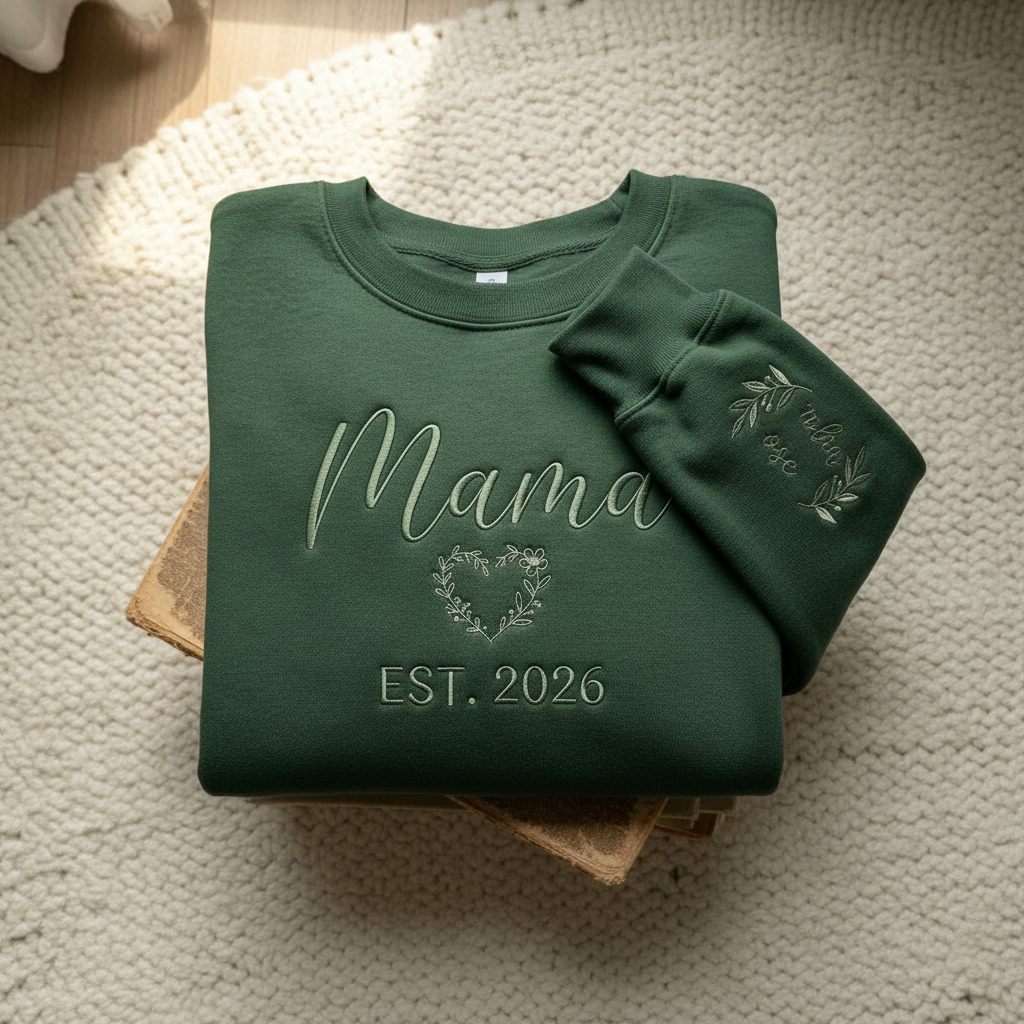 Custom Mama Est. Year Heart Wreath Embroidered Sweatshirt with Kids Names | Mom Gift