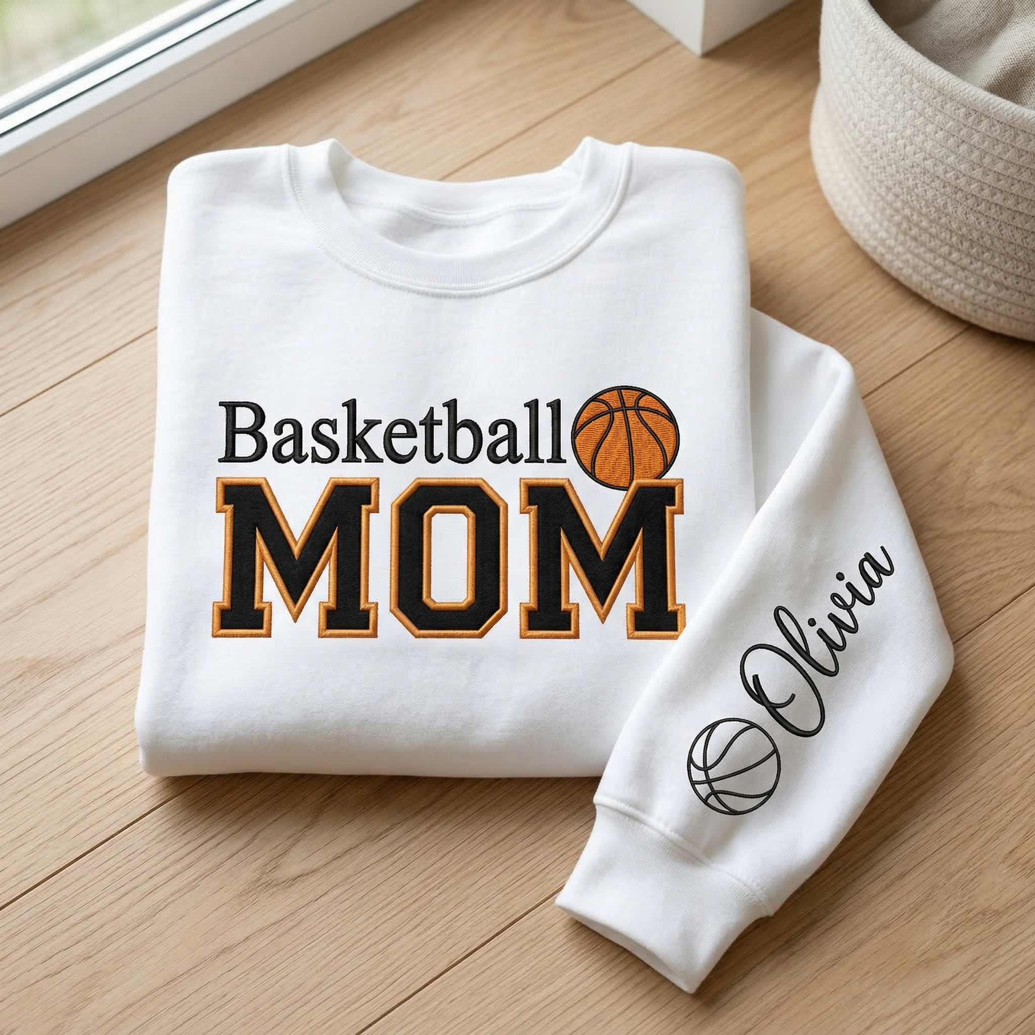 Personalized Basketball Mom Embroidered Sweatshirt with Kid's Name on Sleeve | Sports Mom Gift