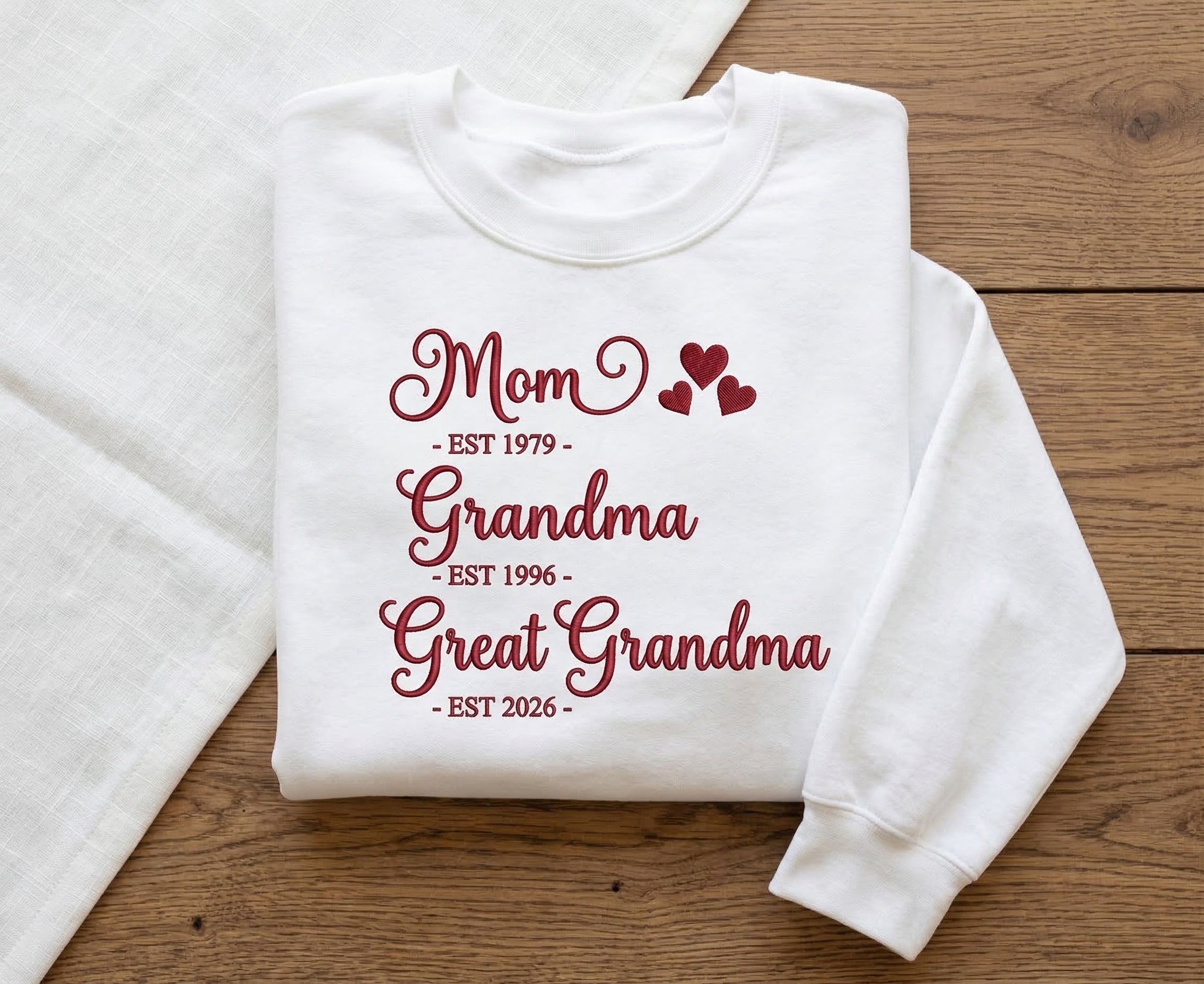 Personalized Mom Grandma Great Grandma Est. Year Embroidered Sweatshirt | Three Generations Gift
