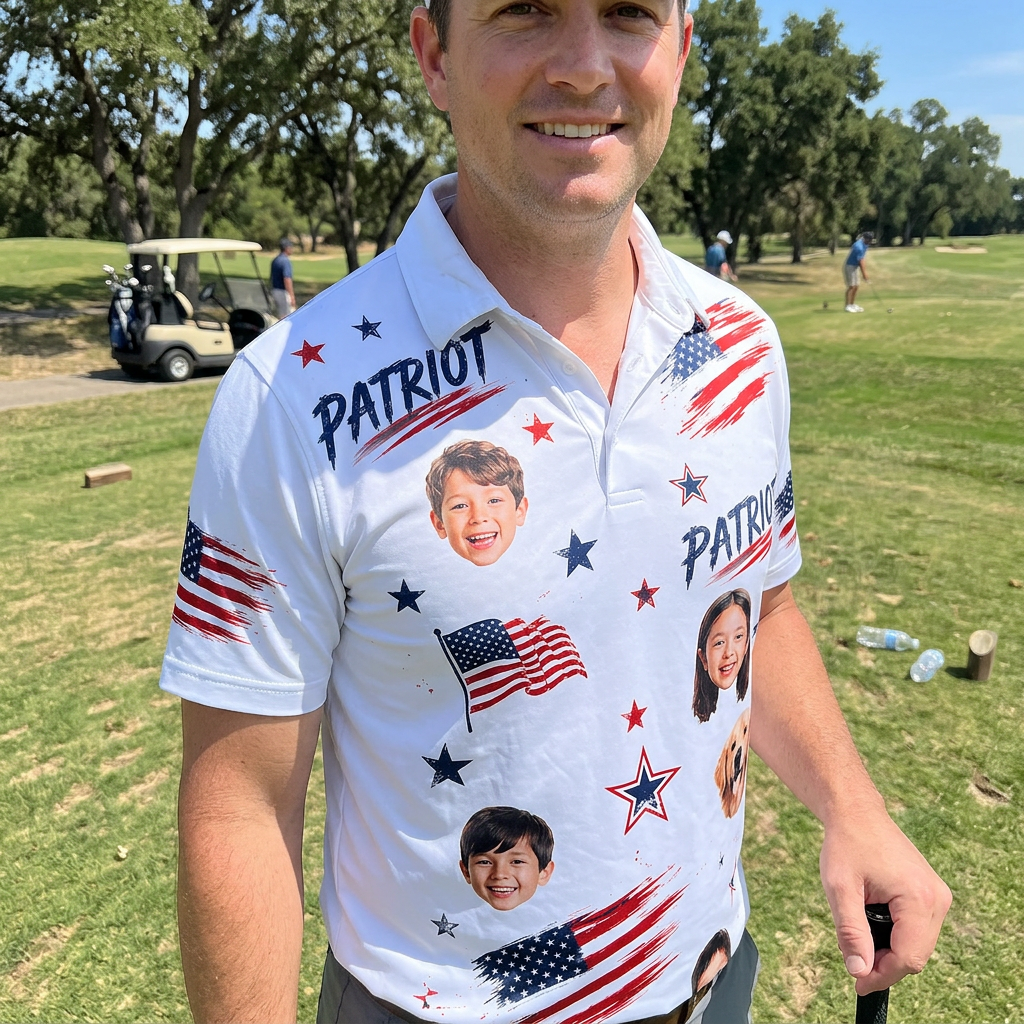 Custom Face 3D Polo Shirt Patriot Land of the Free – Personalized Photo American Flag White Polo, 4th of July Gift
