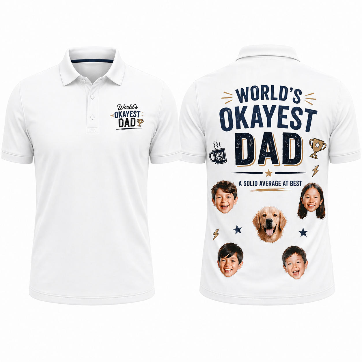 Custom Face 3D Polo Shirt World's Okayest Dad – Personalized Photo Funny White Polo Father's Day Gift