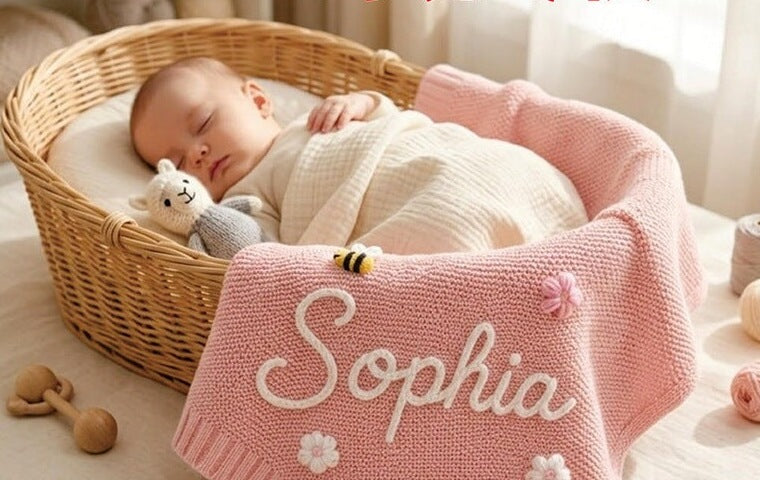 Pink knit baby blanket hand-embroidered with Sophia and small flowers