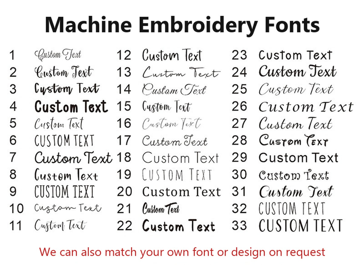 Machine embroidery font chart with 33 lettering styles