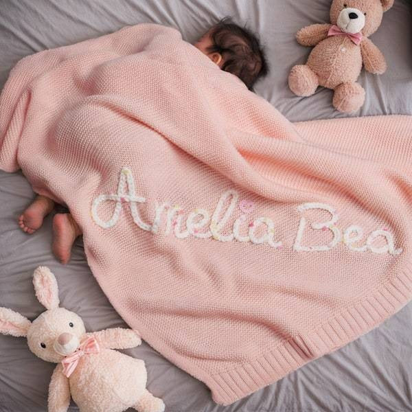 Baby asleep under a pink knit blanket embroidered with Amelia Bea