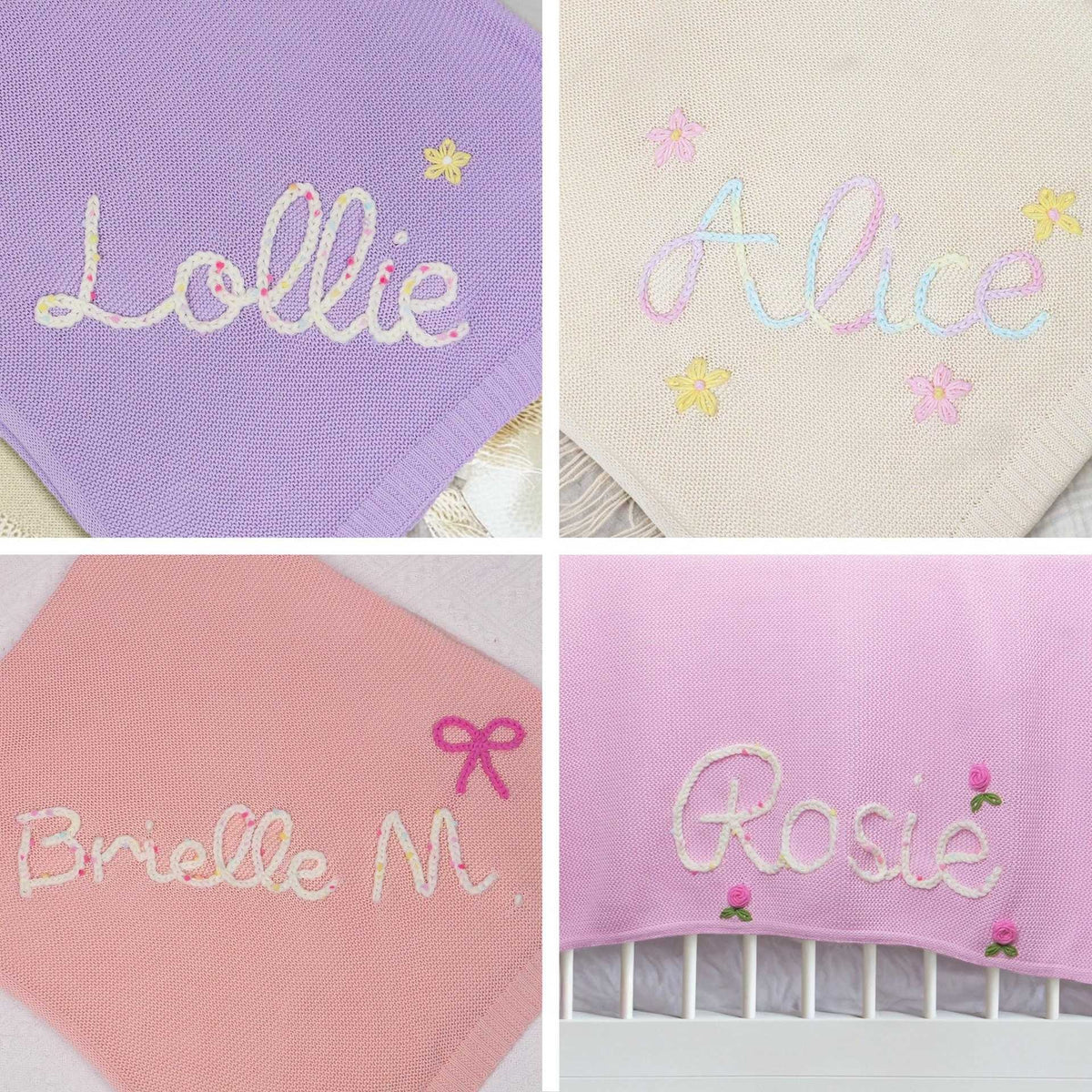 Four knit blankets embroidered with Lollie, Alice, Brielle and Rosie with small motifs