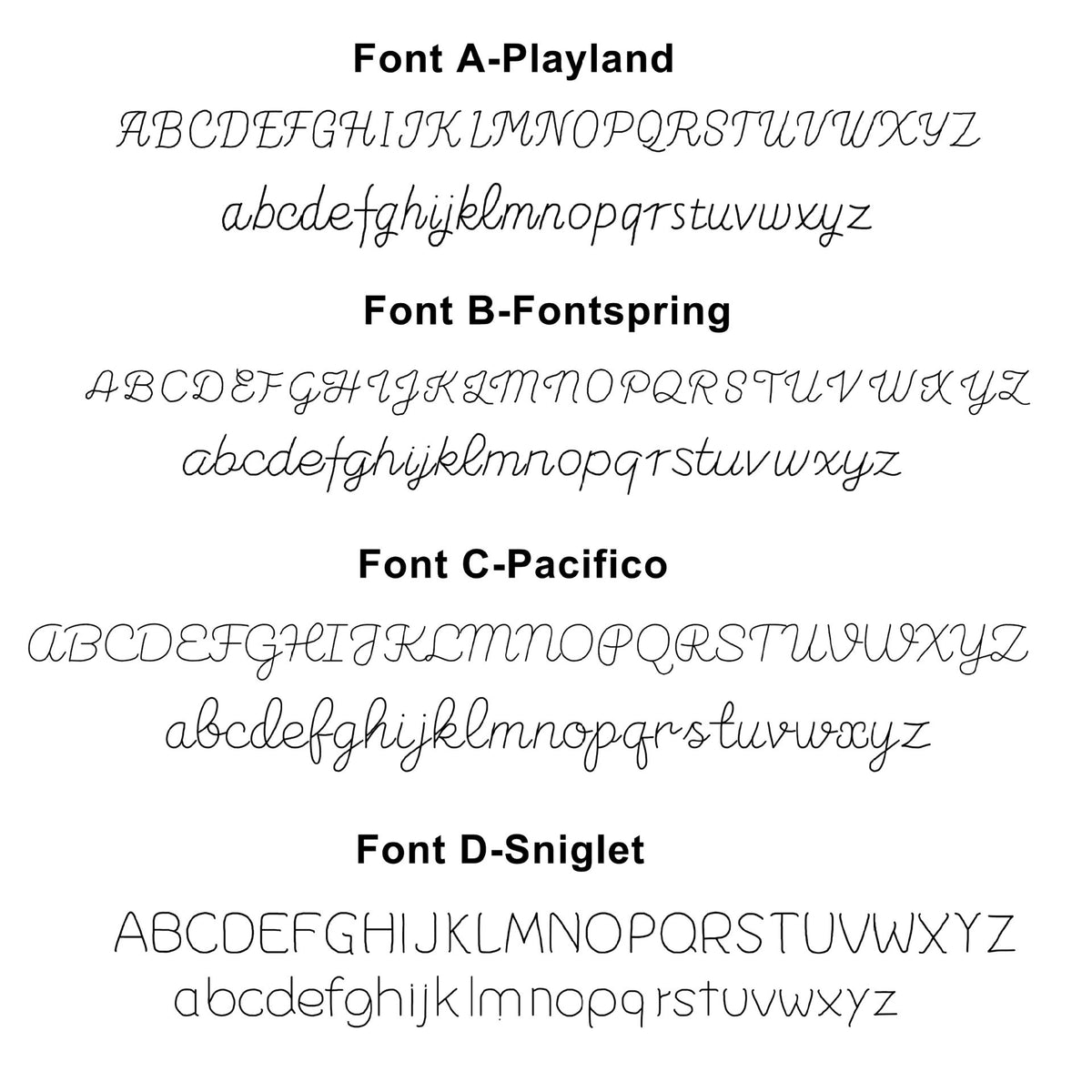 Lettering styles A to D for yarn embroidery