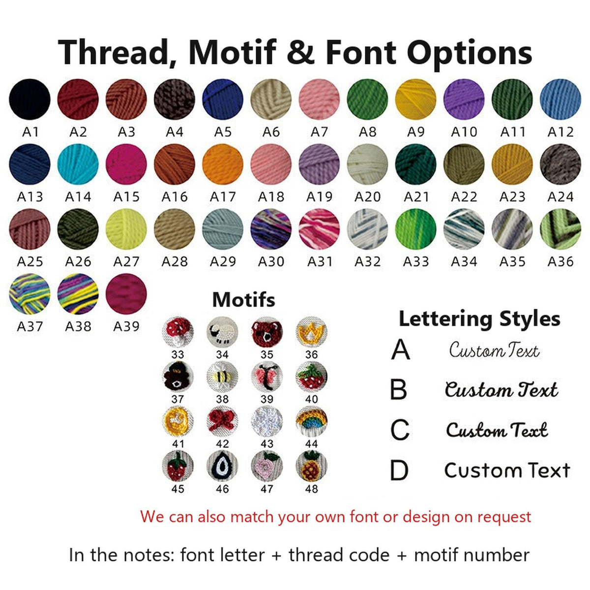 Chart of thread colors, motifs and lettering styles