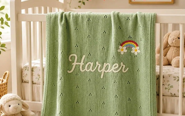 Green pointelle blanket embroidered with Harper and a rainbow