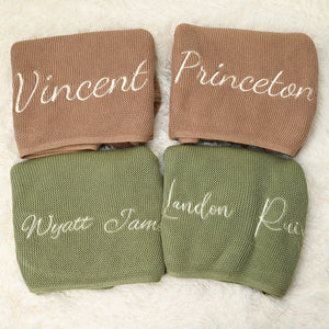 Four knit baby blankets embroidered with Vincent, Princeton, Wyatt and Landon