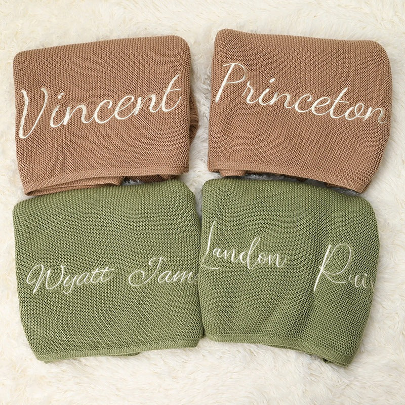 Four knit baby blankets embroidered with Vincent, Princeton, Wyatt and Landon