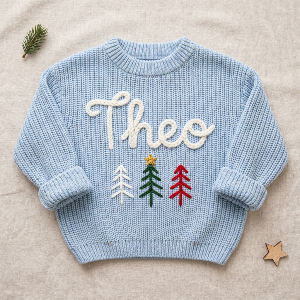 Personalized baby Christmas sweater, hand embroidered three Christmas trees, flat lay