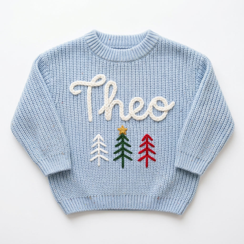 Hand embroidered three Christmas trees Christmas sweater on a plain background
