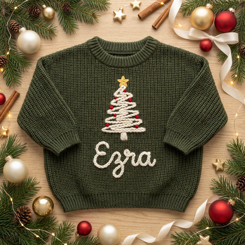 Personalized Christmas sweater with hand embroidered Christmas tree above name among Christmas decorations