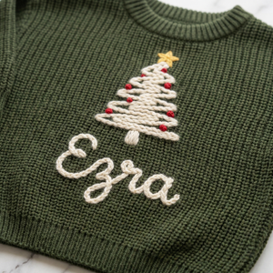 Close-up of hand embroidered Christmas tree above name on chunky knit
