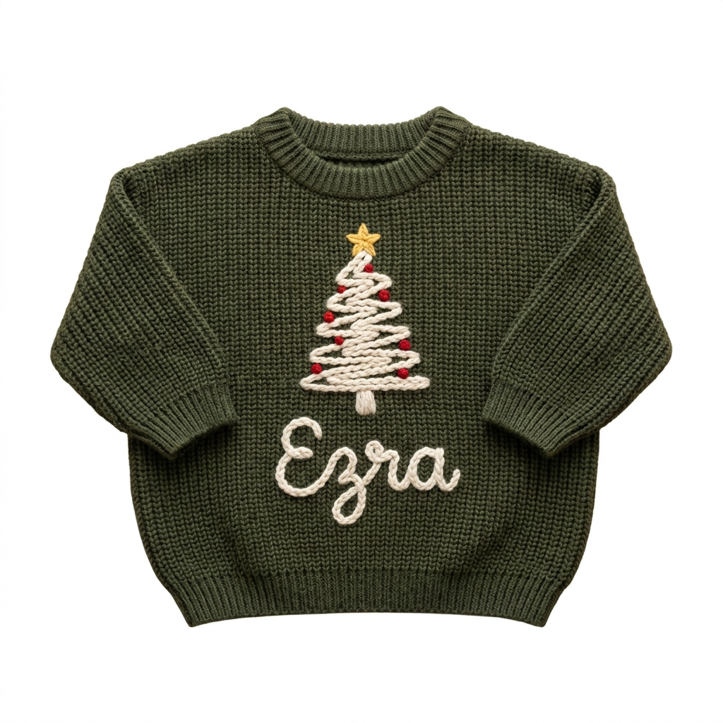 Hand embroidered Christmas tree above name Christmas sweater on a plain background